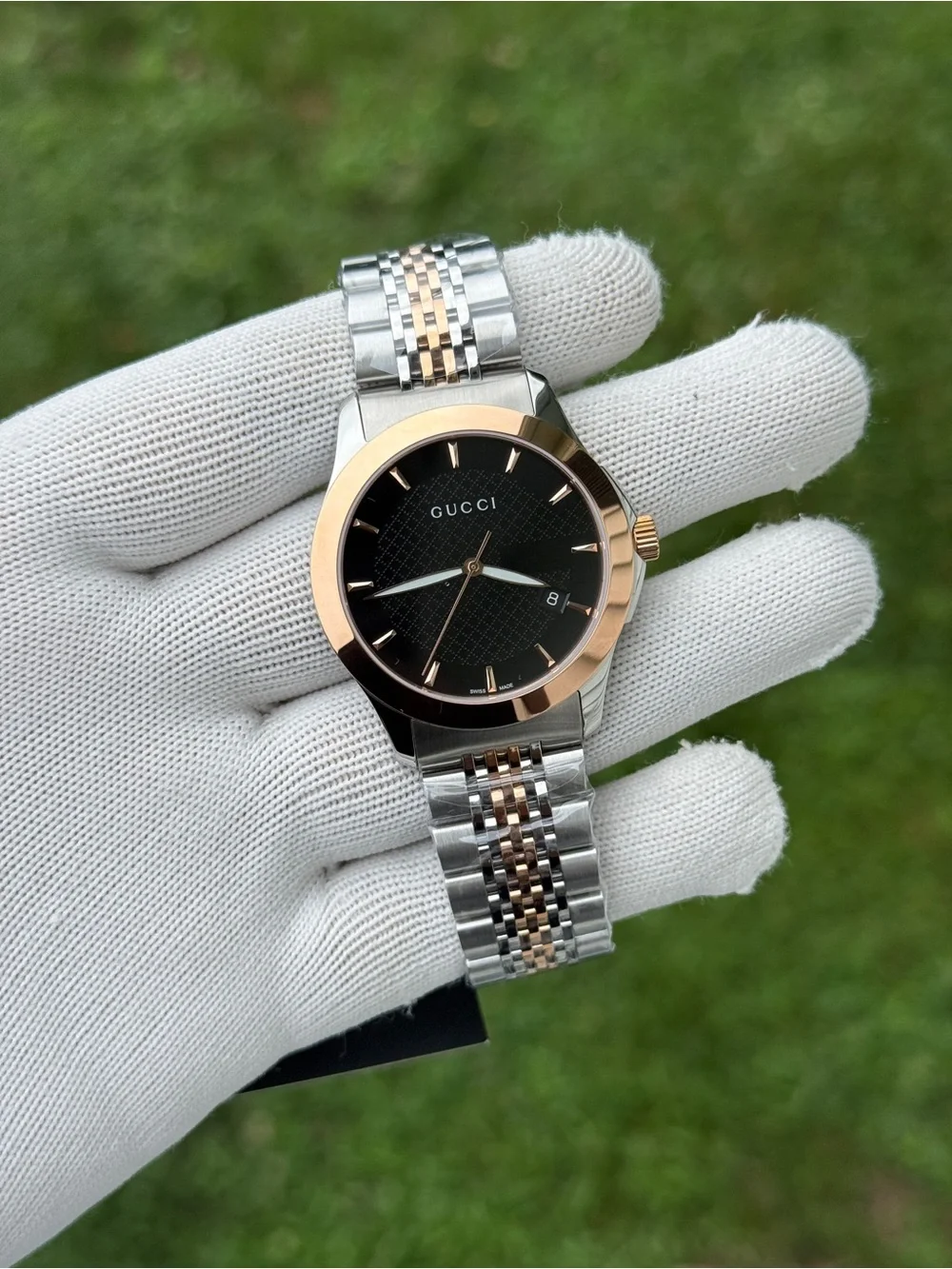 Gucci G TIME Two-Tone Silver and Rose Gold Watch with Black Dial unisex